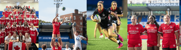 Picture of Women Canada Rugby team, playing rugby, three different pictures side by side